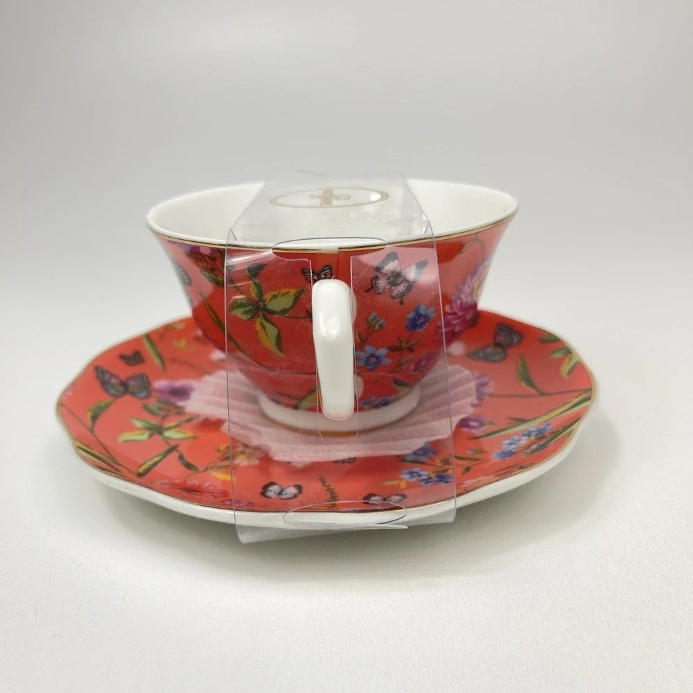 Grace Teaware Orange Floral Butterfly Teacup Saucer Set Gold Rim‎ Fine Porcelain